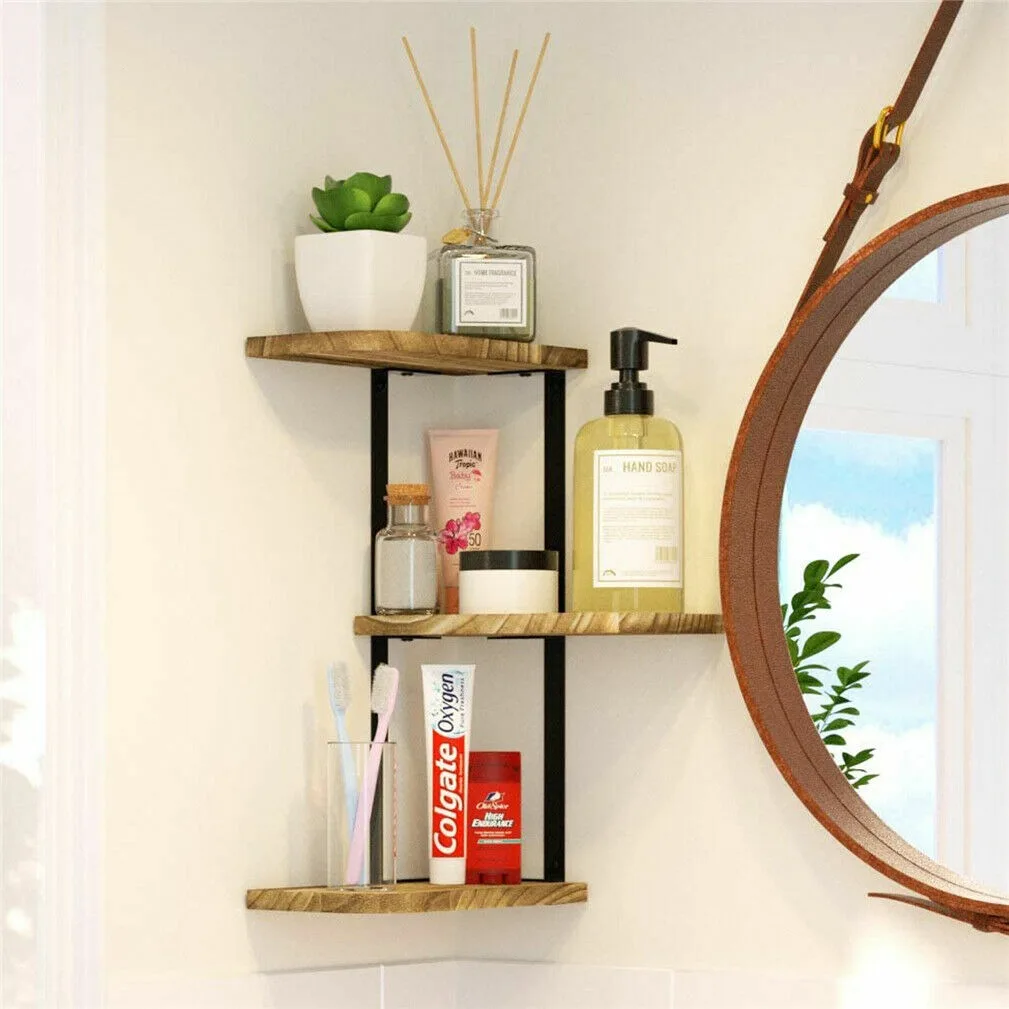 Iron Frame Corner Wall Mounting Shelf 3 Tier Wooden Floating Shelves Plants Rack