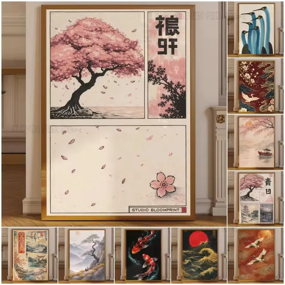 Cherry Blossom Poster, Japanese Sakura Tree Wall Art Print, Vintage Asian Landscape Decor, Pink Floral Japandi Home Artwork