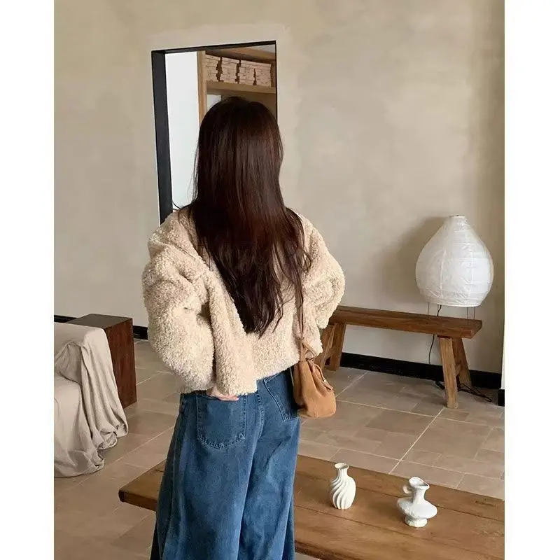 New Women Double-Faced Fleece Jacket Autumn Winter Thicken Warm Coat Loose Short Style Long-Sleeved Outerwear Plus Size M-3XL