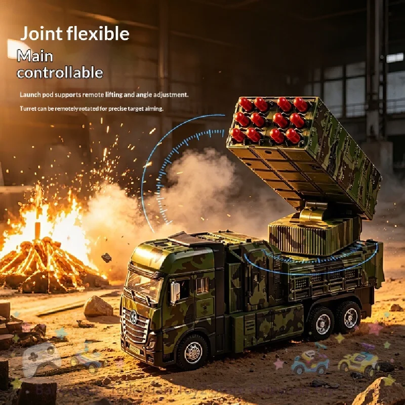 New Electric Remote Control Missile Launcher Truck Big Alloy Camouflage Model Rotating Turret Adjustable Angle For Collectors