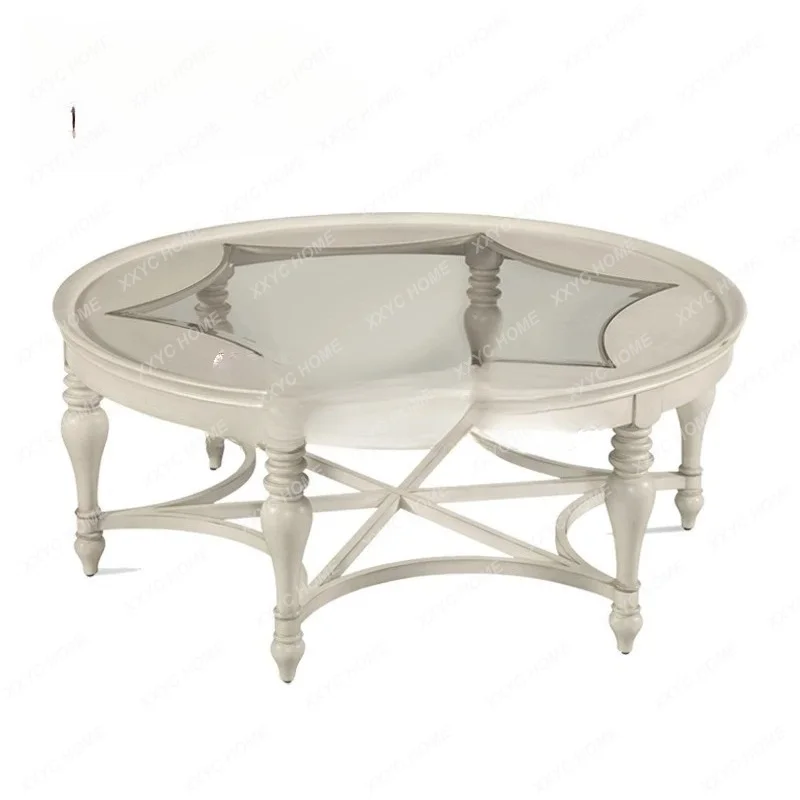 A Round solid wood coffee table pastoral living room tea table tempered glass coffee table white
