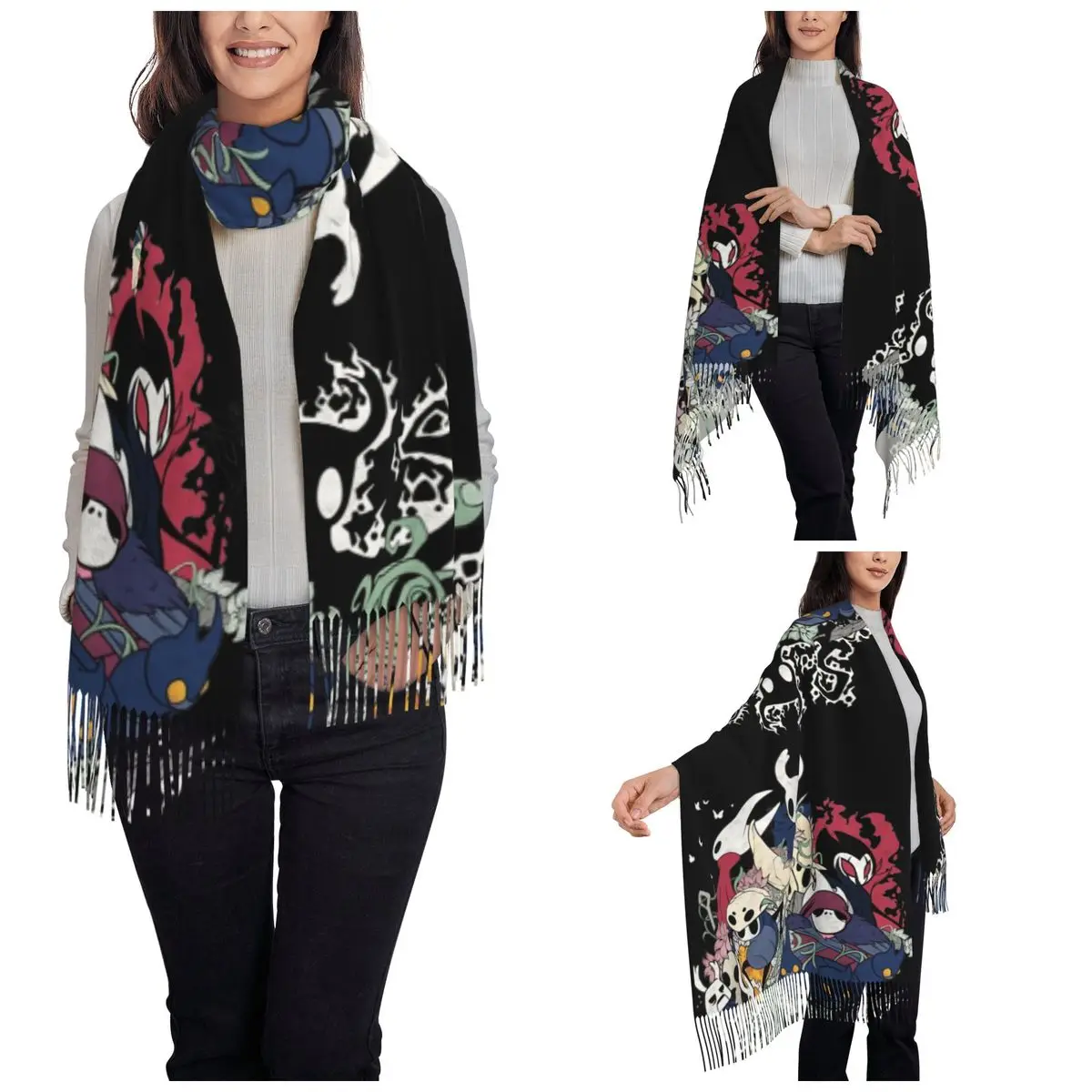 Hollow Knight Hollow Crew Scarf for Women Fall Winter Cashmere Shawls and Wrap Long Scarves with Tassel for Daily Wear