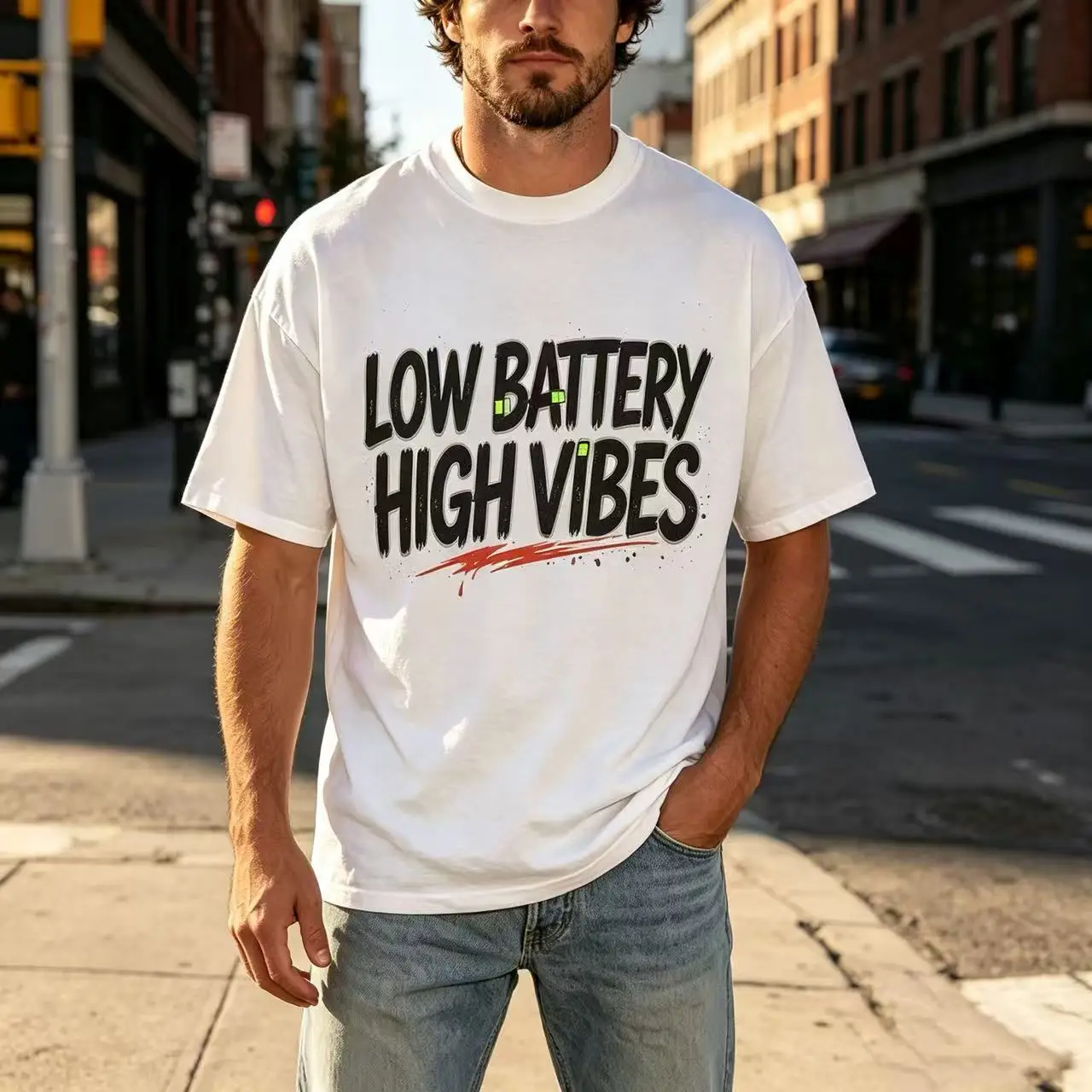 Unisex Low Battery High Vibes Funny Graffiti Slogan Graphic T‑Shirt Men Women Humor Text Print Oversized Streetwear Cotton Tee