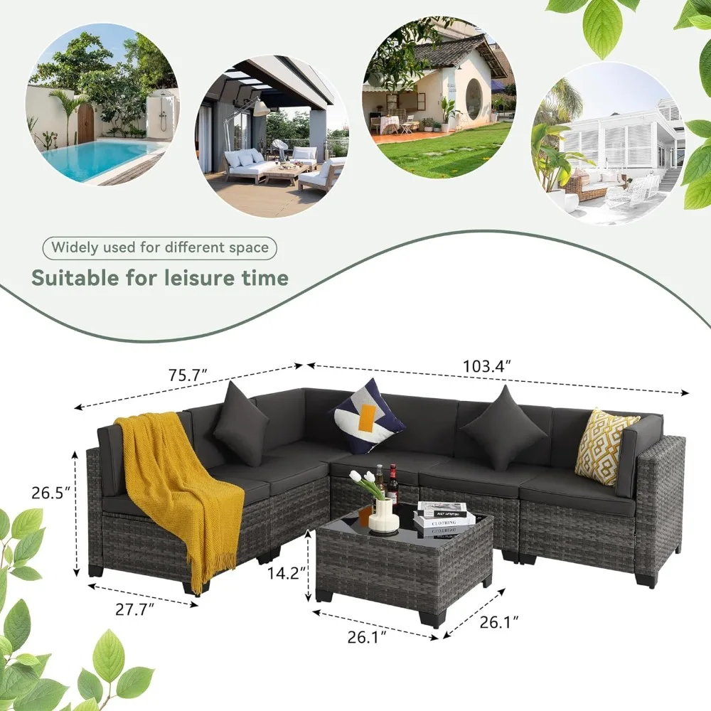 Outdoor Sofa Set 7 Pieces, All-Weather, Rattan Chairs Glass Table and Cushions, Patio Sofa Set