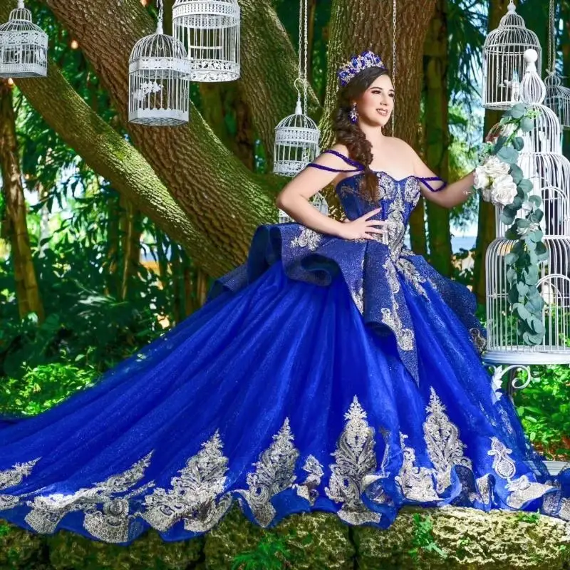 Royal Blue Off The Shoulder Ball Gown Quinceanera Dresses Beaded Appliques Bow Sweet 16 Birthday Party Gowns Robe De Ball Vestid