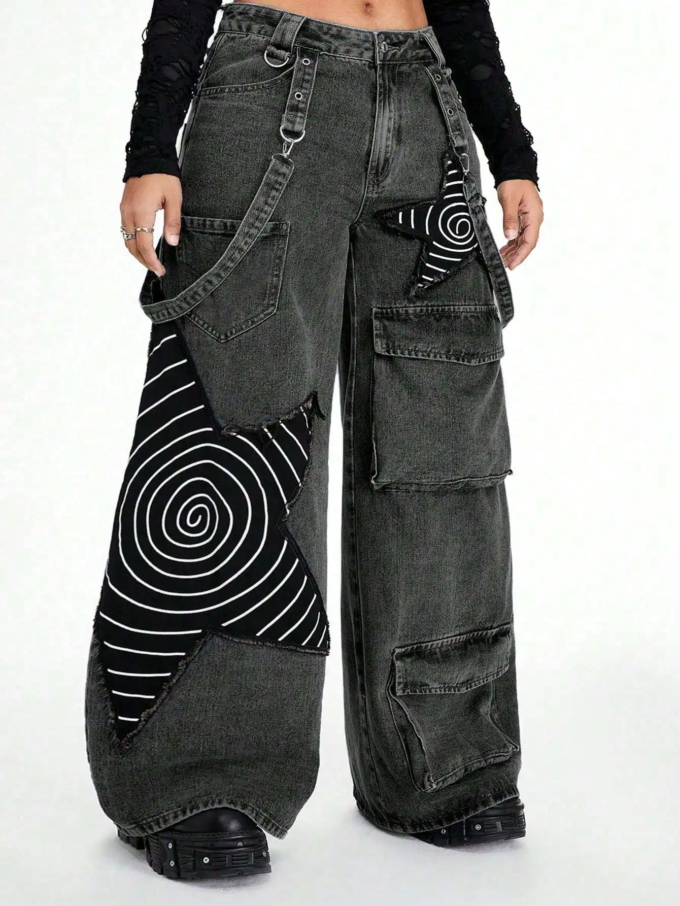 

Distressed Washed Wide Leg Cargo Pants with Spiral Print Patchwork