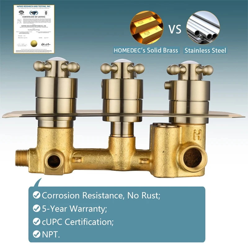 Latão sólido termostática Válvula De Desvio Do Chuveiro, escondido Válvula De Mistura Do Chuveiro, escovado Ouro, 3 Vias