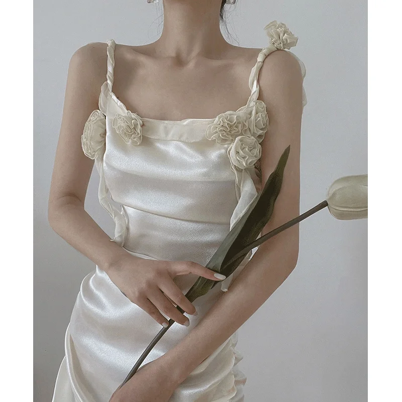 여성용 로즈 새틴 스트랩리스 드레스, 여름 프렌치 엘레강스, 새로운 롱 드레스, 우아한 이브닝 가운