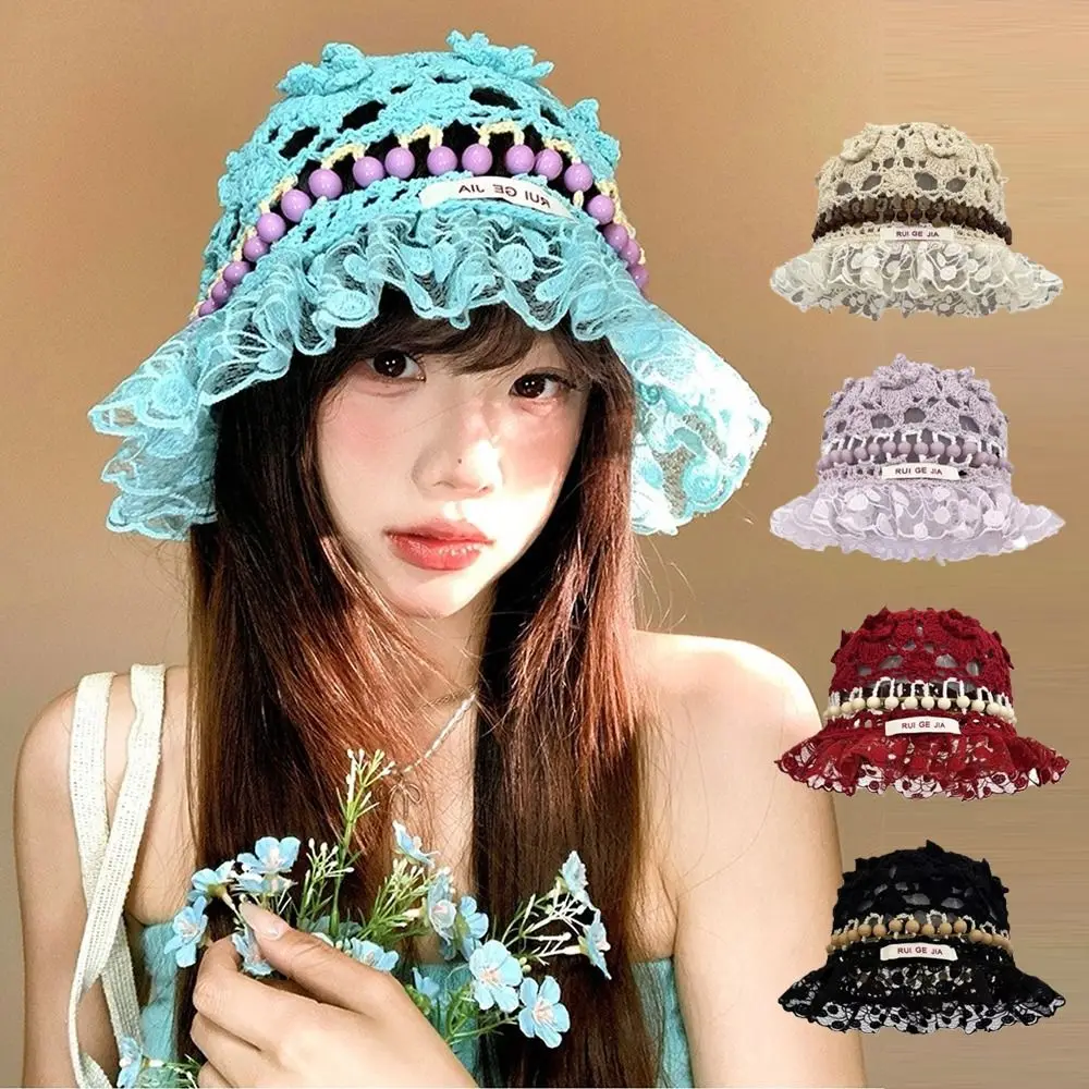 

Ins Handmade Crochet Bucket Hat Summer Hollow Beads Knitted Hat Ruffles Women Weave Basin Caps Outdoor