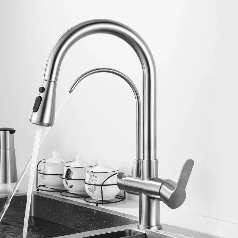 'Deao drinking faucet Double Handle Black brushed nickel Water filter function 3 way Pull Out Kitchen faucets