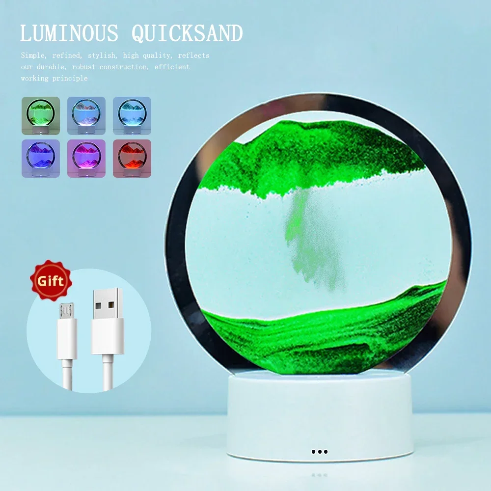 Quicksand Painting LED Table Lamp Decoration Creative Round Glass Three Dimensional Decompression Bedroom Atmosphere Night Light