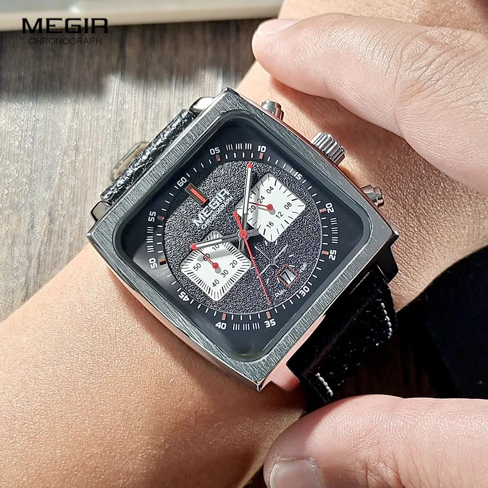 MEGIR Casual Quartz Watches for Men Leather Strap Waterproof Luminous Chronograph Wristwatch with Date 24-hour Indicator Silver