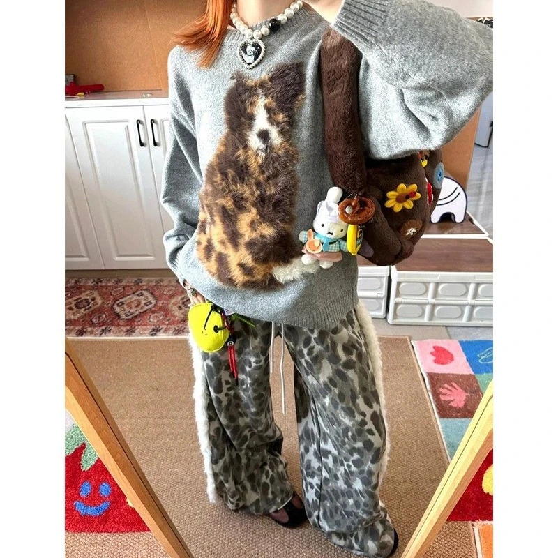 

Deeptown Vintage Kawaii Cartoon Sweaters Women Y2k Harajuku Loose Knitted Pullover Grunge Retro Long Sleeve Sweaters Aesthetics