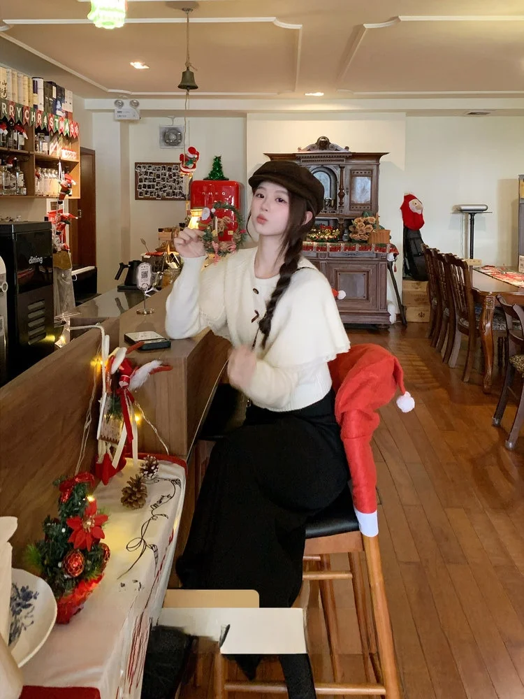 

E Кружевной зимний свитер для женщин бежевого цвета, повседневный свободный крой, длинный свеч, круглый трикотаж на пуговицах