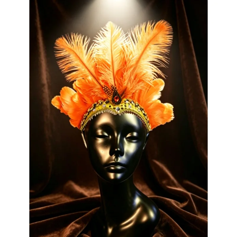 Showgirl Feather Headpiece Carnival Headband Vegas Costume Accessories Rio Mardi Gras party Ostrich FEATHERS Halloween Open Face