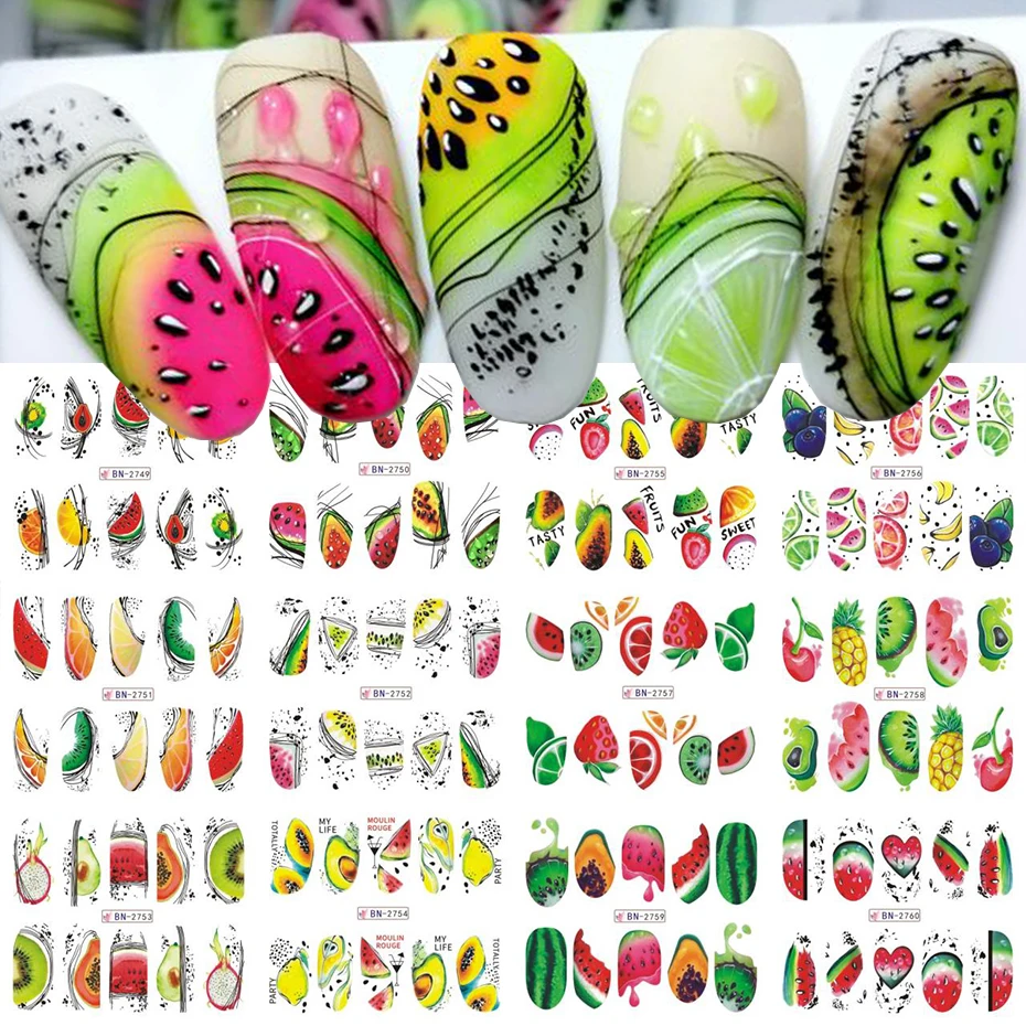 12pcs Fruit Water Nail Sliders Geometry Lemon Pawpaw Watermelon Avocado Design Decals Summer Abstract Tropical  Tattoo Foils