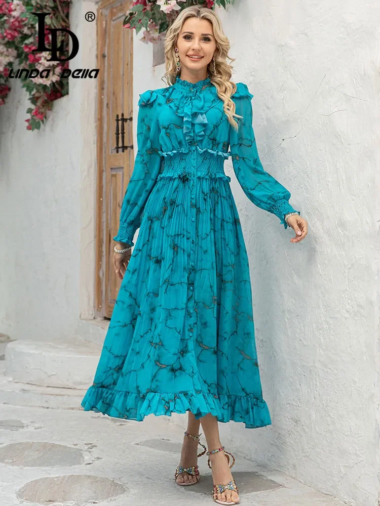 

LD LINDA DELLA 2025 Spring New Women's Clothing French Gentle Ruffle Lantern Sleeves Embracing Waist Printed Long Dress