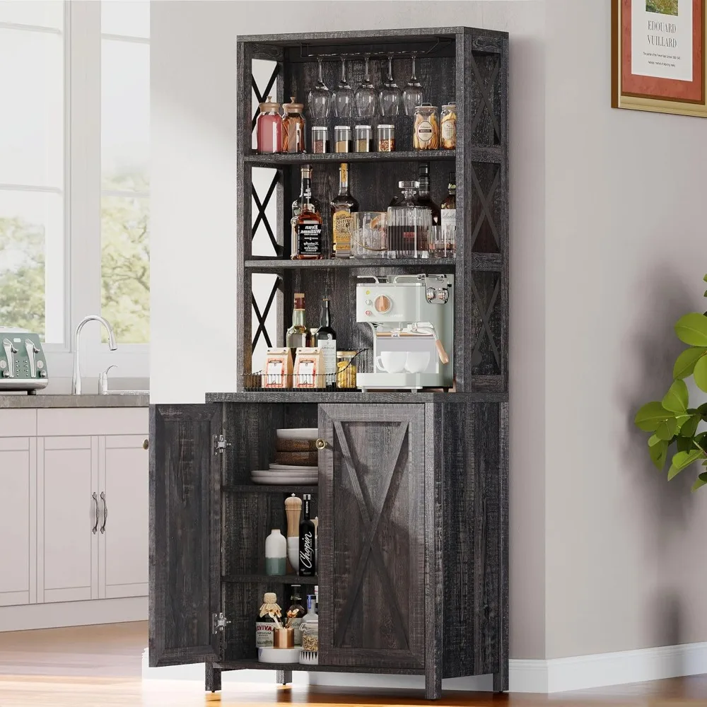 

67" Tall Wine Bar Cabinet for Liquor and Glasses, Farmhouse Kitchen Cabinet Coffee Bar with Adjustable Shelves, Open Storage Sh