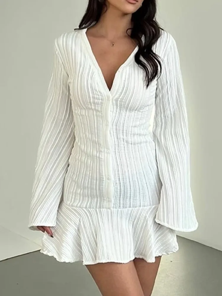 

2025 Autumn New V-neck Cardigan Bell Sleeve Dress For Women Simple Style Vestidos All-match Vacation Temperament Casual Trendy