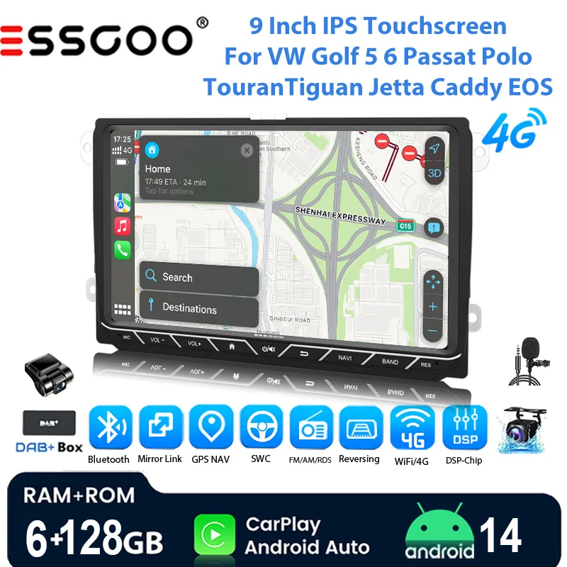 ESSGOO 9 "Android14 6 + 128G autoradio sans fil Carplay pour VW Golf 5 6 Passat Polo Touran Tiguan Jetta Caddy EOS 4G LET WIF