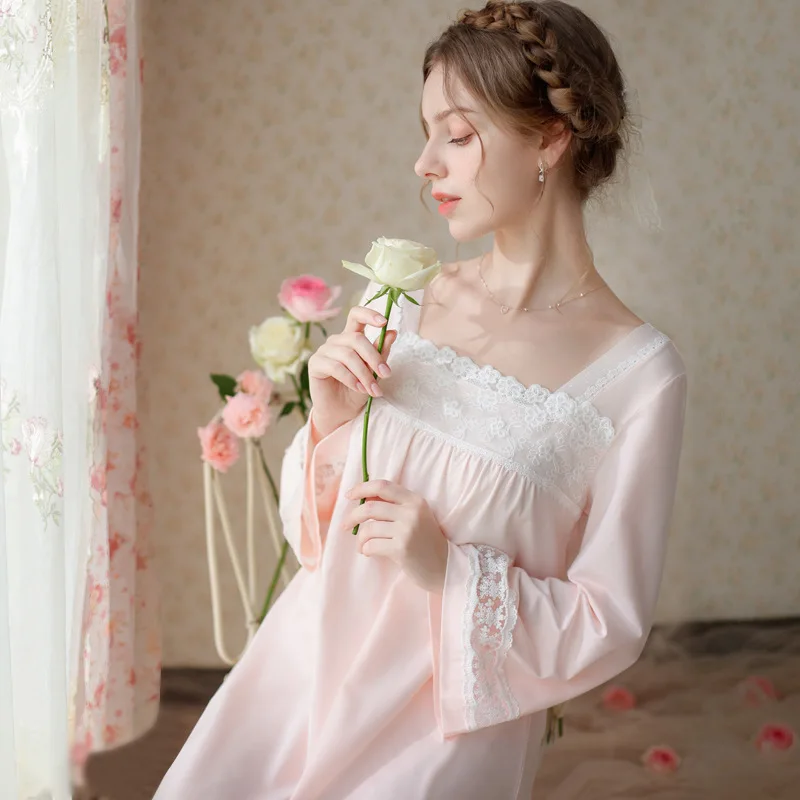 Princess Pajamas for Women Spring Autumn Long Sleeve Lace Chinese Traditional Sweet Maxi Square Neck Loose Lounge Dress