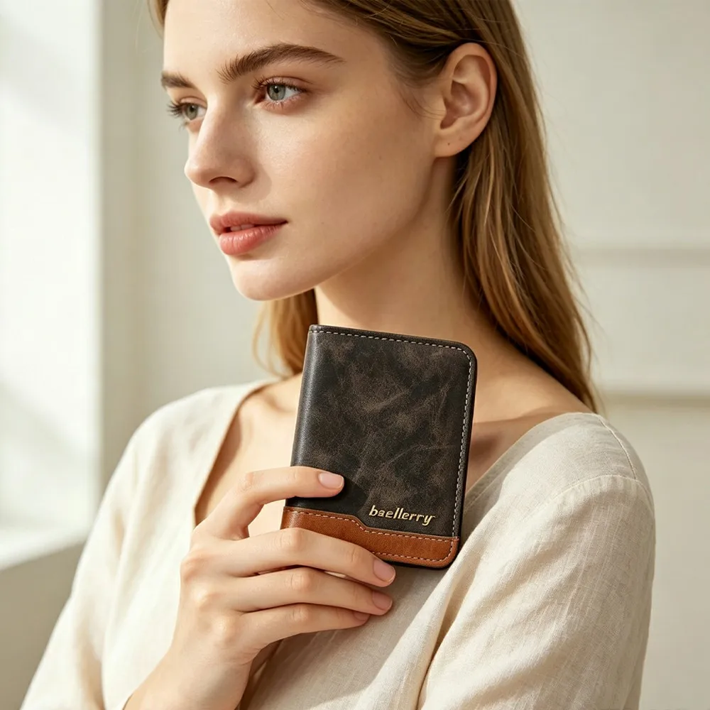 1Pc-Baellerry Unisex Vintage Color-Block Pu Leather Bifold Wallet, Featuring 4 Card Slots, 1 Id Photo Slot, and a Bill Compartment, Portable Wallet
