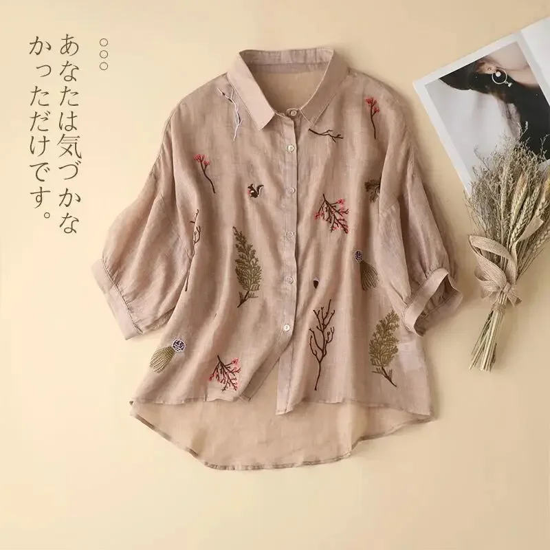 Summer Seven Point Cotton Linen Embroidered Shirt for Women 2024 New Literary Loose Temperament Lapel Casual Top for Women