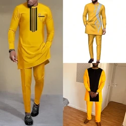 Abito elegante di lusso da uomo estivo caftano o-collo completo di pantaloni da vestire vestito tradizionale africano stile Dashiki nuovo abbigliamento 2 pezzi