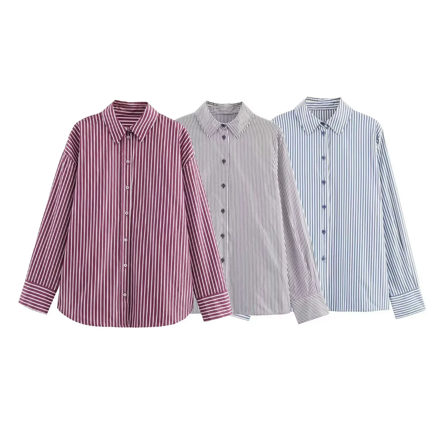 

2025 Autumn New Product Women's Fashion Casual Simple Striped Shirt Loose Collar Long Sleeve Shirt Top