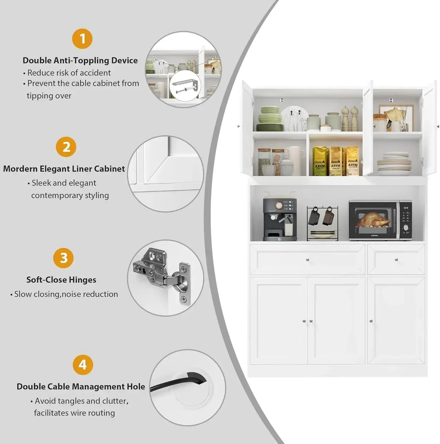 [سعر مخفض! ] خزانة مخزن المطبخ مقاس 72 بوصة، وخزانة المطبخ مع حامل الميكروويف، وخزانة بوفيه مع قفص لتناول الطعام في المطبخ