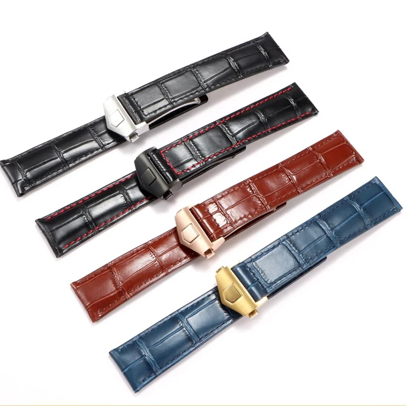 19mm 20mm 22m bransoletka ze skóry bydlęcej dla TAG Heuer Calera niebieska brązowa czarna czerwona linia męski zegarek skórzany pasek akcesoria