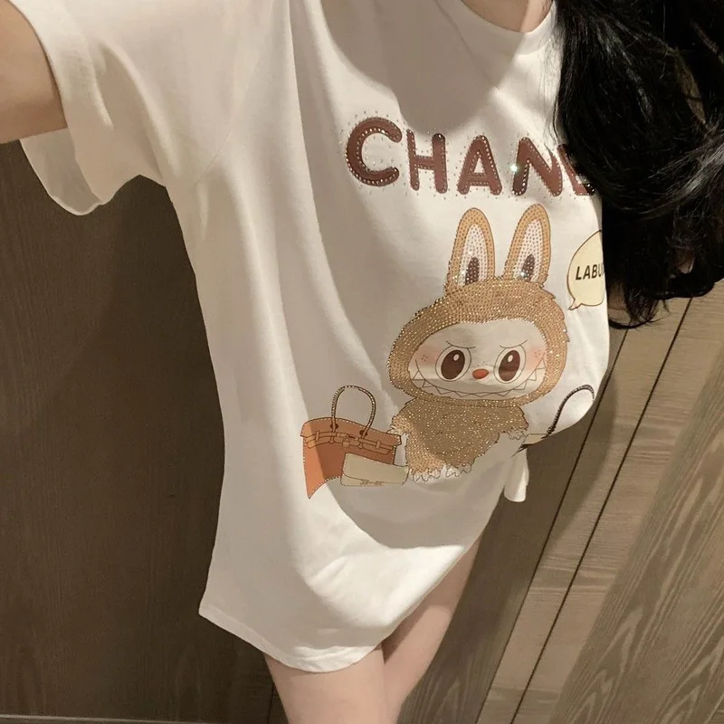 Large Hot Diamond New Labubu T-Shirt Lazy Wind Short Sleeve Cartoon Cute Creative High-Value Couple Jacket Trend Shirt Gift Toy