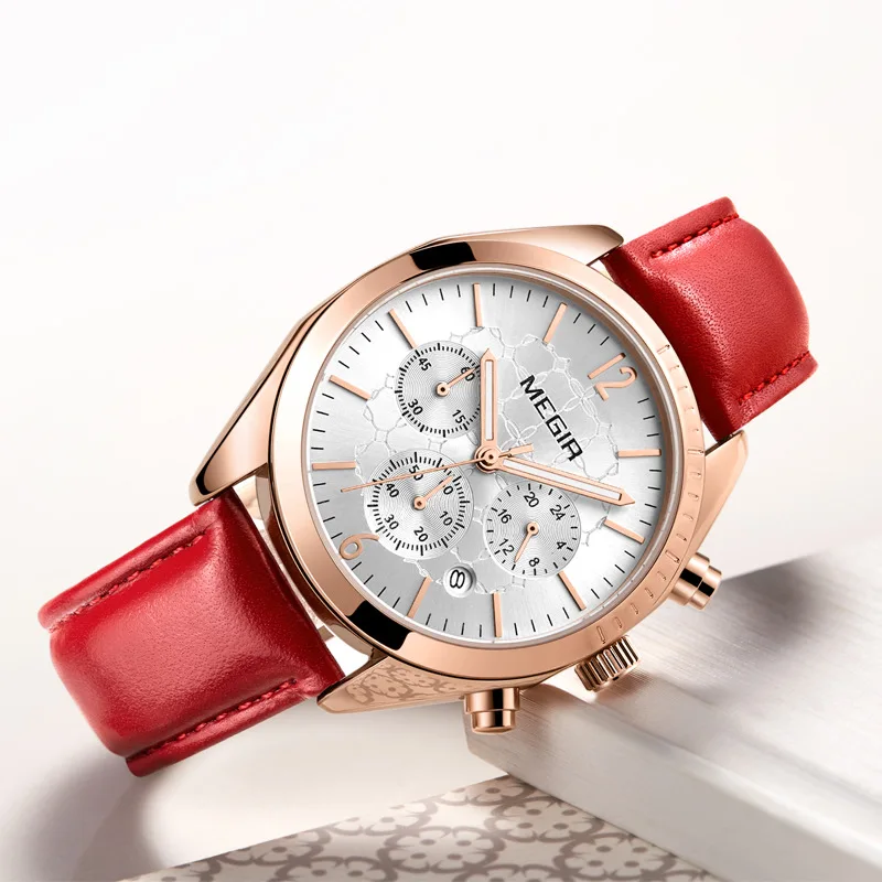 MEGIR 2115 Orologi al quarzo da donna Tempo libero Cronografo semplice Display analogico Cinturino in pelle rosa rossa per orologio da donna regalo