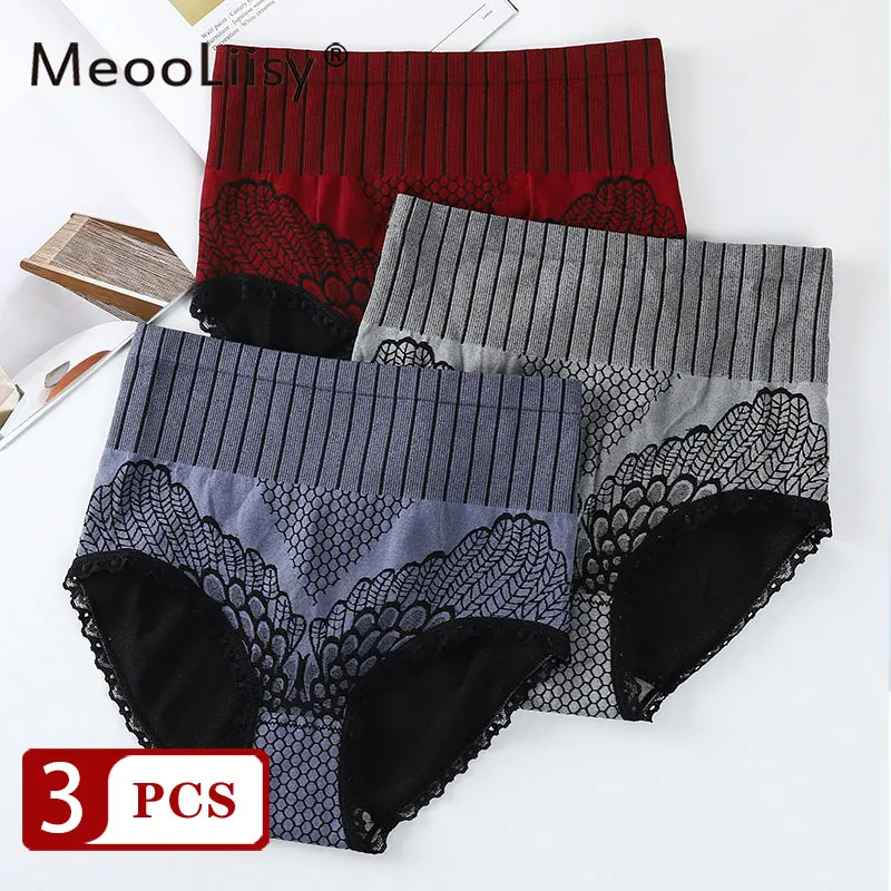 

MeooLiisy 3PCS/Set High Waist Comfortable Panties for Women Breathable Lace Briefs Lady Seamless Underpants M L XL