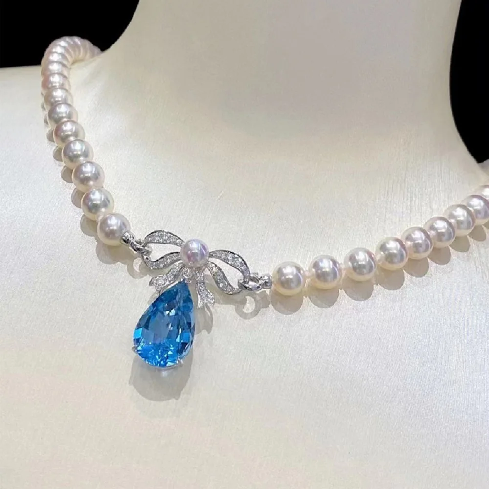 NewNecklace / AAAA 8-9mm/9-10mm Sea Blue Treasure Color/Connecting Buckle Natural Pearl Necklace 18 inch
