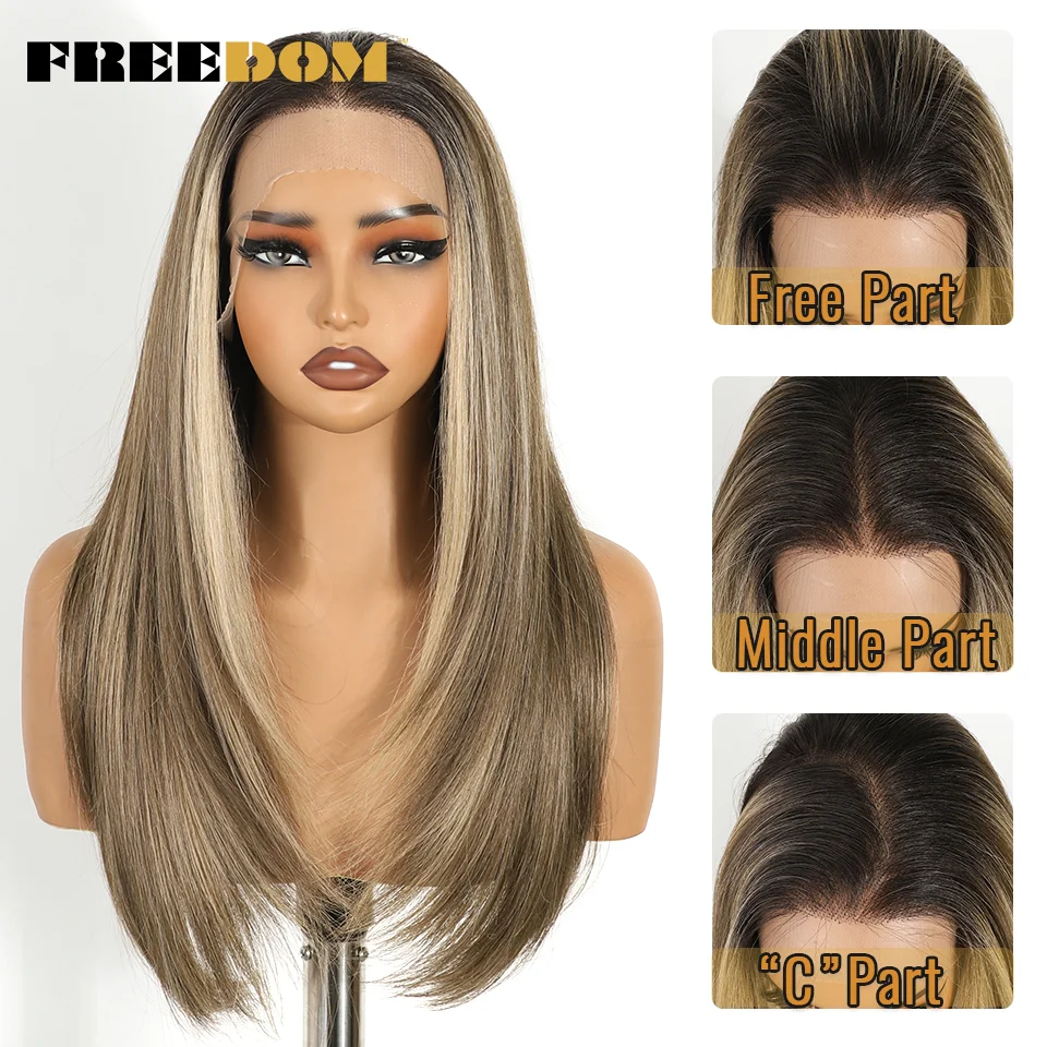 Synthetische Perücken mit Spitze vorne für Damen, 24 Zoll, Ombré-Braun-Aschblond, 13x6, gerade geschnittene, gestufte Perücke mit Spitze, hitzebeständig, für den täglichen Gebrauch. – Detail 3