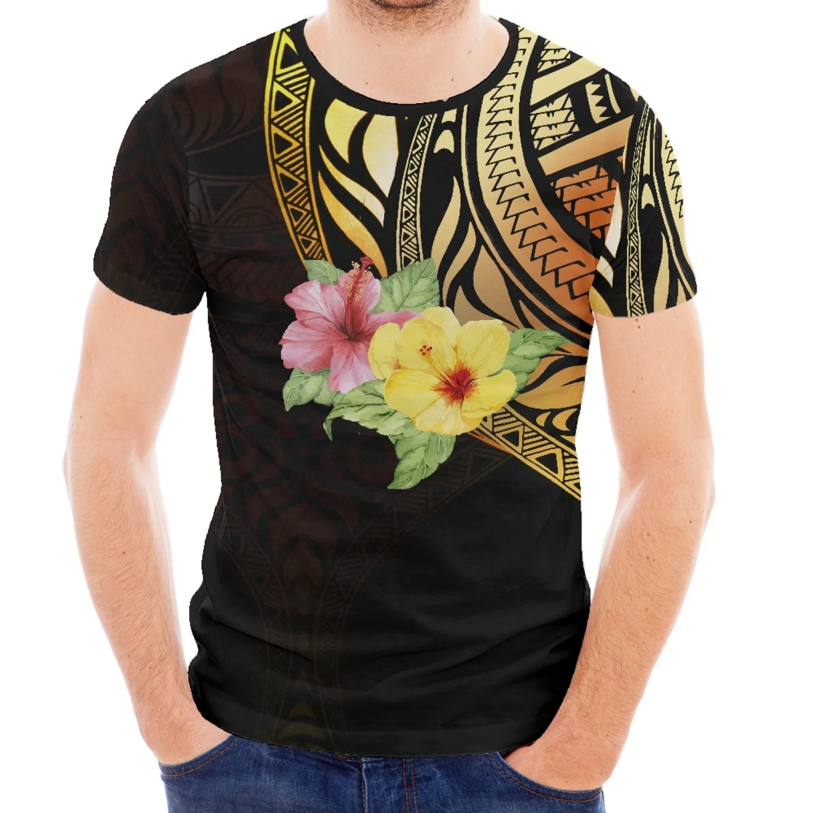 

Floral Hibiscus Tattoo Design Printed Polynesian Traditional Tribal Hawaiian Style Fashion Short Sleeve Slim T-Shirt New Style