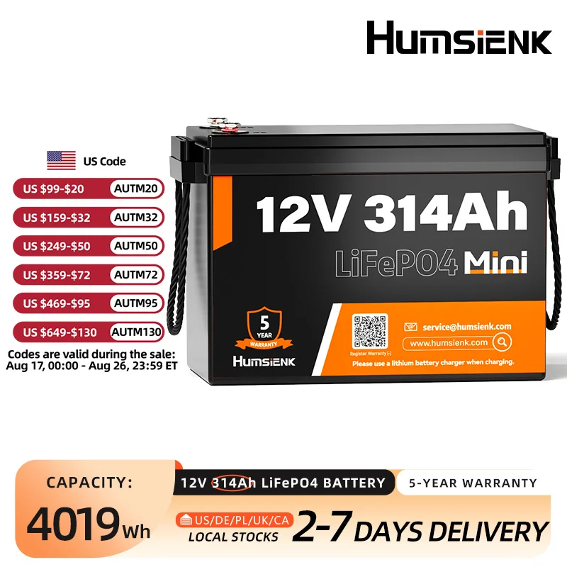 Humsienk 12V 314Ah MINI LiFePO4 Battery, Capacity 4019Wh & 200A BMS, 15000+ Deep Cycle, Low-Temp Protection For RV, Van, Golf Cart, Boat, Camper, Marine, Trolling Motor, Off-Grid, Solar Energy Storage, 5-Year Warranty