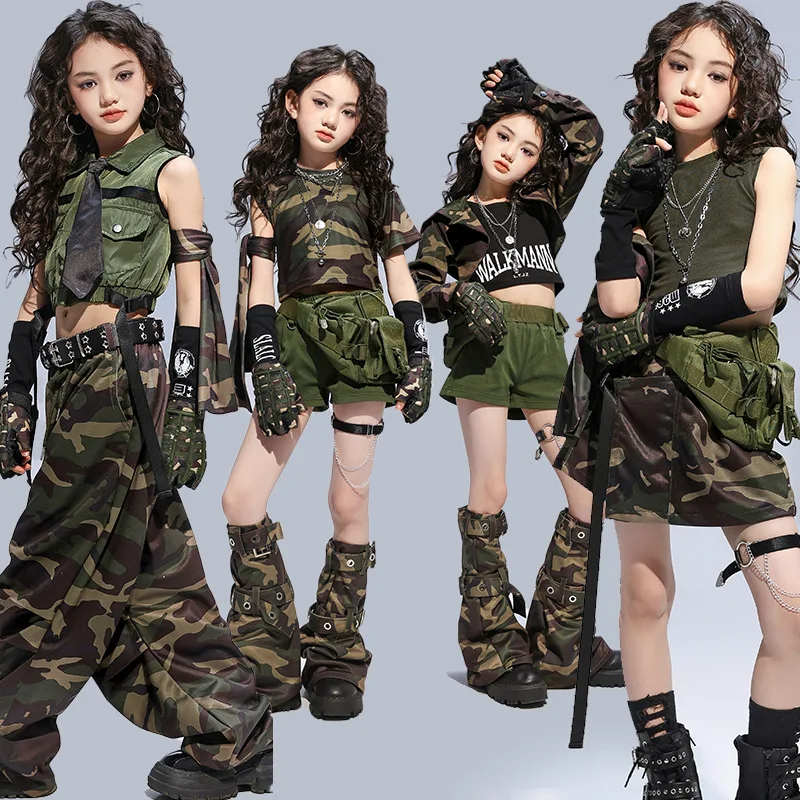 

Kid Hip Hop Clothing Camouflage Crop Hoodie Jacket Casual Pleated Pants Army Green Shorts for Girls Jazz Dance Costumes Clothes