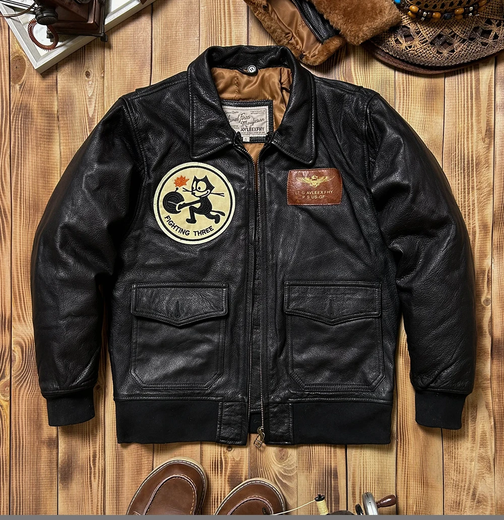 Black Autumn Pilot Leather Jacket Men Military Style Wool Collar Plus Size 3XL Genuine Natural Sheepskin Flight Leather Coat