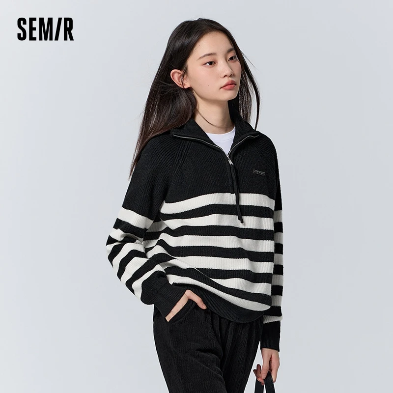 Semir-suéter feminino de mangas raglan listrado, camisa de assentamento, encaixe solto, estilo casual, inverno