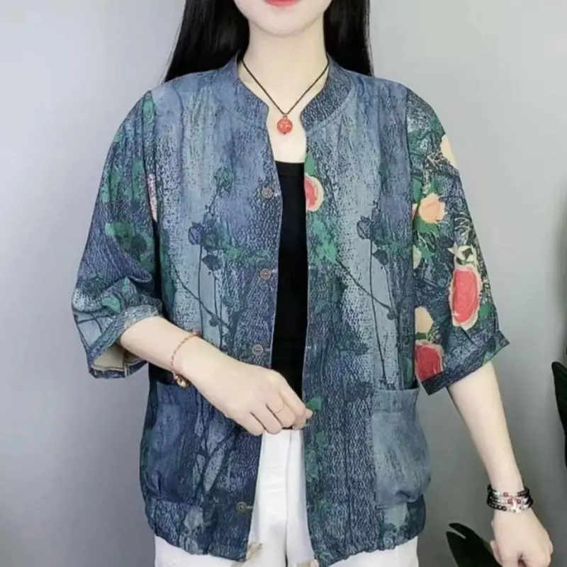 Vintage Floral Printed Single-breasted Blouse 2023 Spring Summer Thin Nine Quarter Sleeve Female Fashion Pockets Spliced Shirt