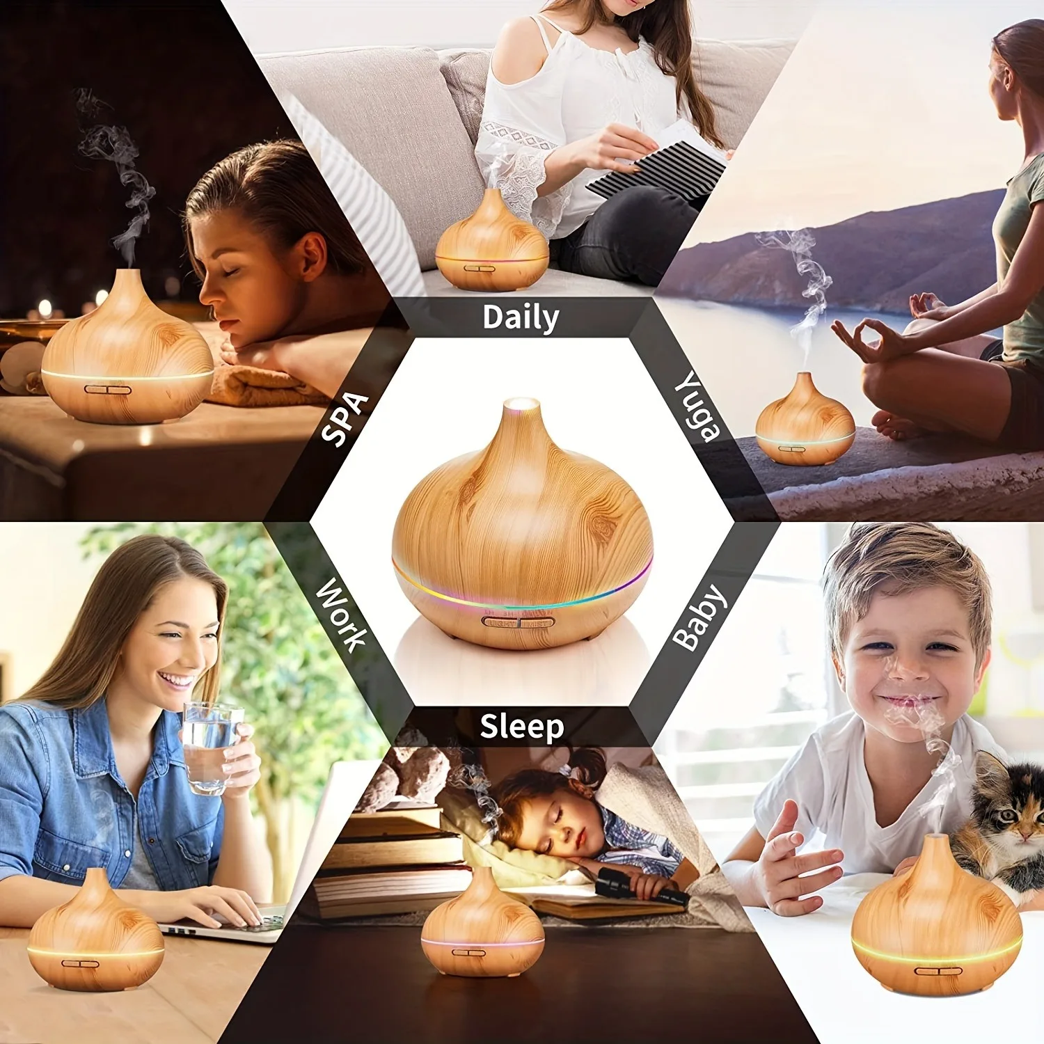 Essential Humidifier–Aromatherapy Diffuser with Remote Control,USB Powered,Cool Mist Humidifier,7Color LED Ambient Light
