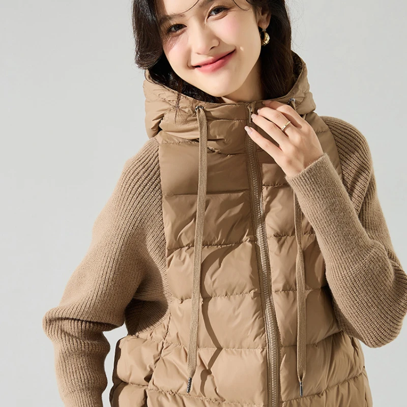 Women\'s Knitted Sleeve Hooded Down Jacket, Thick Parka, Korean Version, Winter, New, 2024