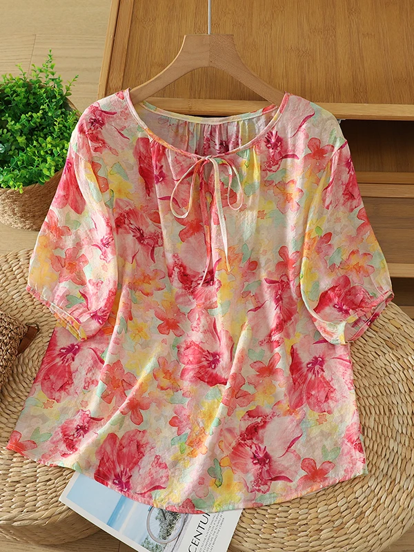 

Retro Silk Creative Print Loose Women's Shirt Summer Versatile Breathable Slimming Top round Neck Short Sleeve Casual Blouse