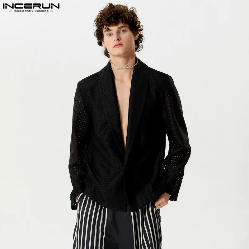 Men Blazer Mesh Hollow Out Lapel Long Sleeve One Button Casual Suits Men Streetwear Solid Color 2024 Fashion Male Coats INCERUN