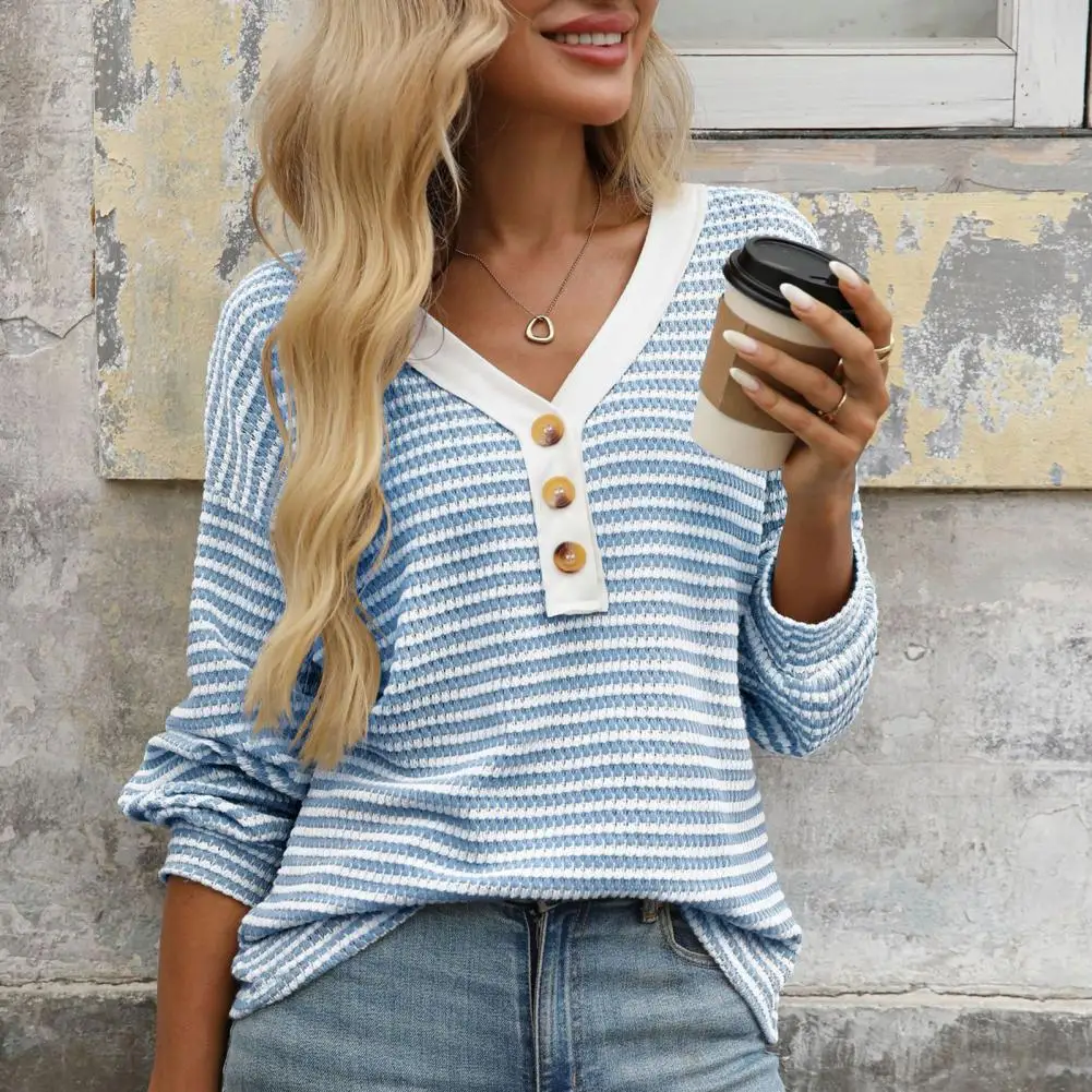 Women Blouse V-neck Detachable Button Color Block Long Sleeve T-shirt Button-up Splice Casual Long Sleeve Colorblock T-Shirt