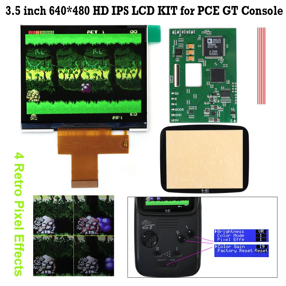 For PCE GT IPS LCD 3.5" 640x480 HD RGB Board Hight Light For PC Engine GT Console With OSD Menu RGBS Board