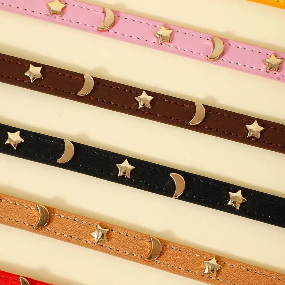 XS-M Cute Cat Collar Soft Leather Pet Collars For Small Dog Kitten Puppy Necklace Cat Accessories  Star Moon Rivets Decoration