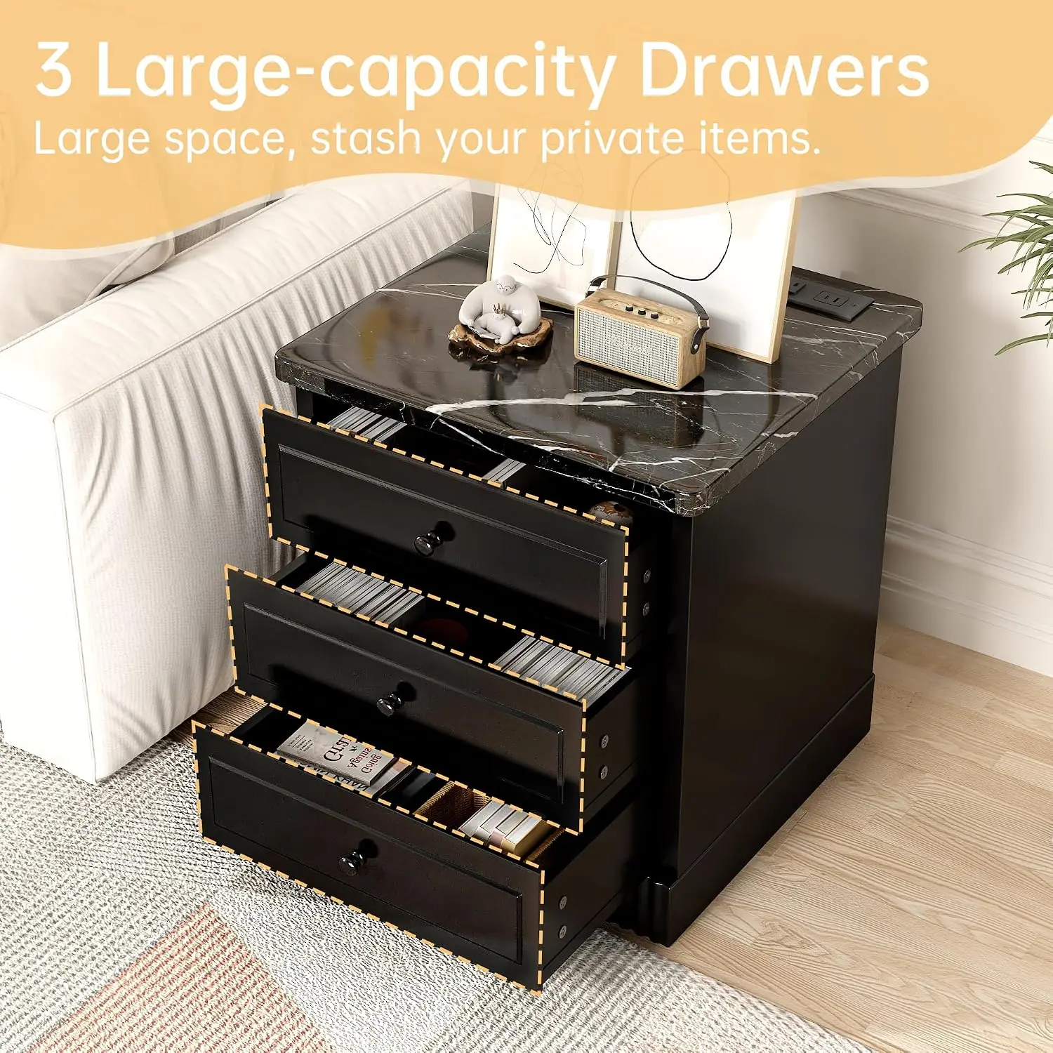 Black Nightstands Set of 2 with Charging Station and 3 Storage Drawers, Customized